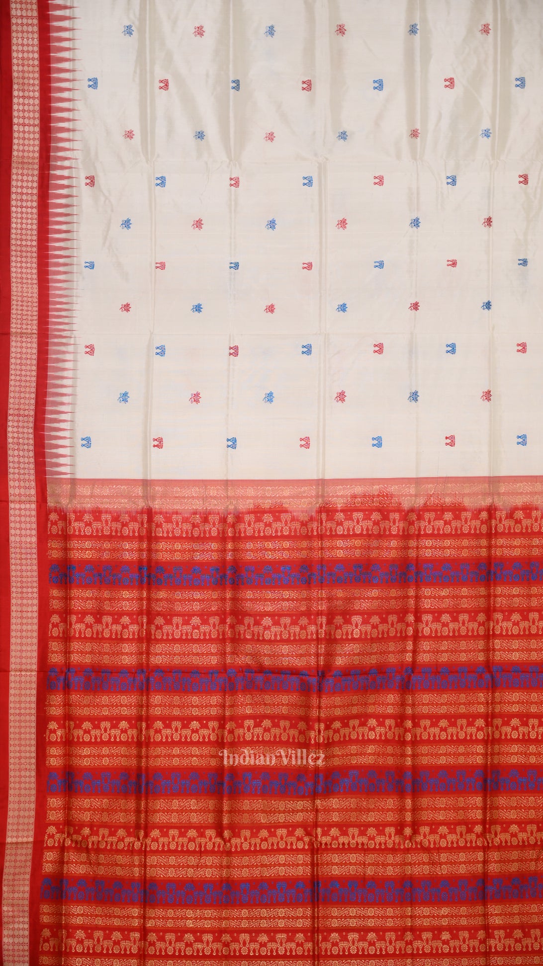 White Red Laxmi Pada Jhoti Design Bomkai  Sambalpuri Silk Saree 