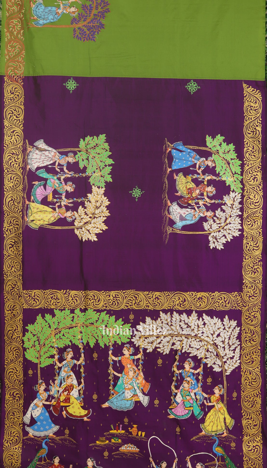 Parrot Green with Violet Raja Theme Pattachitra Silk Saree