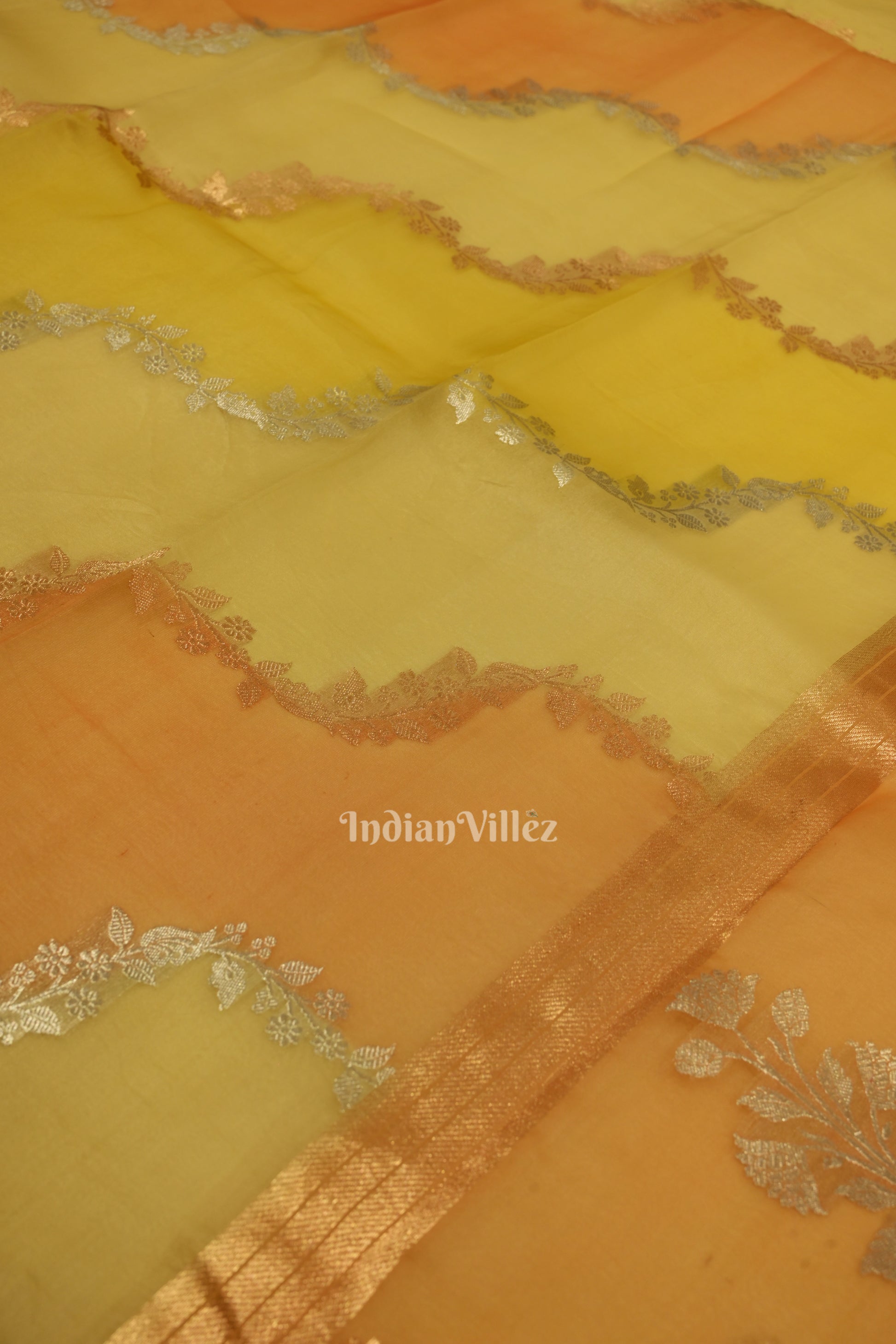 Lemon Yellow Pure Kora Banarasi Tissue Saree With Floral Handwork