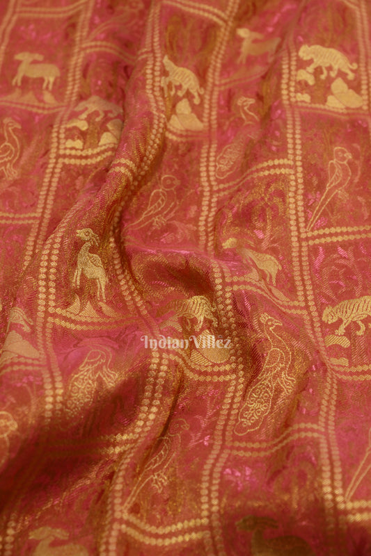 Baby Pink  Shikargah Theme Tissue Banarasi Silk Saree with Tassels