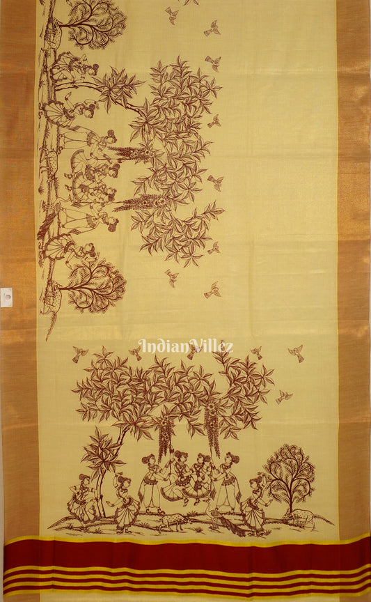 Golden Off-White Single Line Raja Theme Pattachitra Saree