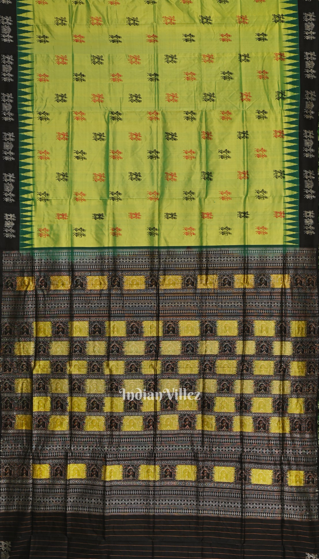 Parrot Green Tribal Theme Odisha Ikat Sambalpuri Silk Saree