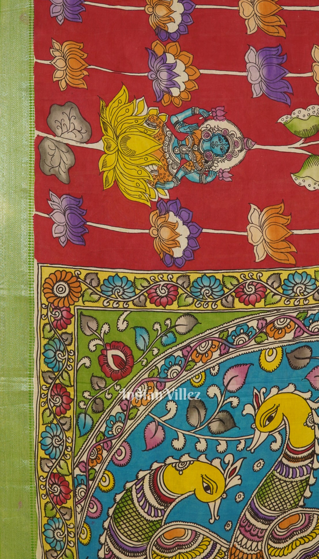 Red With Peacock Anchal Hand-Painted Kanjivaram Silk Kalamkari Saree