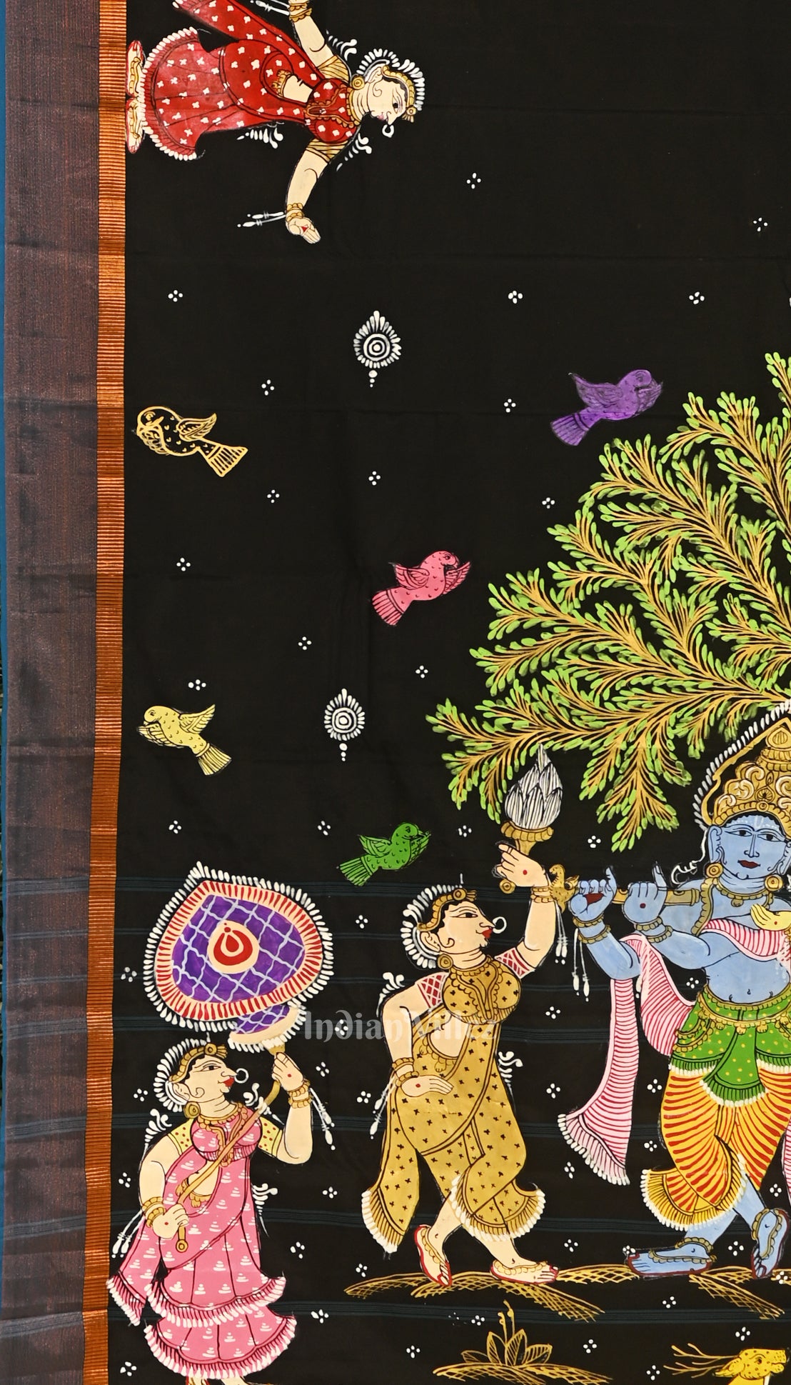 Black with Krishna Radha Theme Hand-Painted Pattachitra Saree