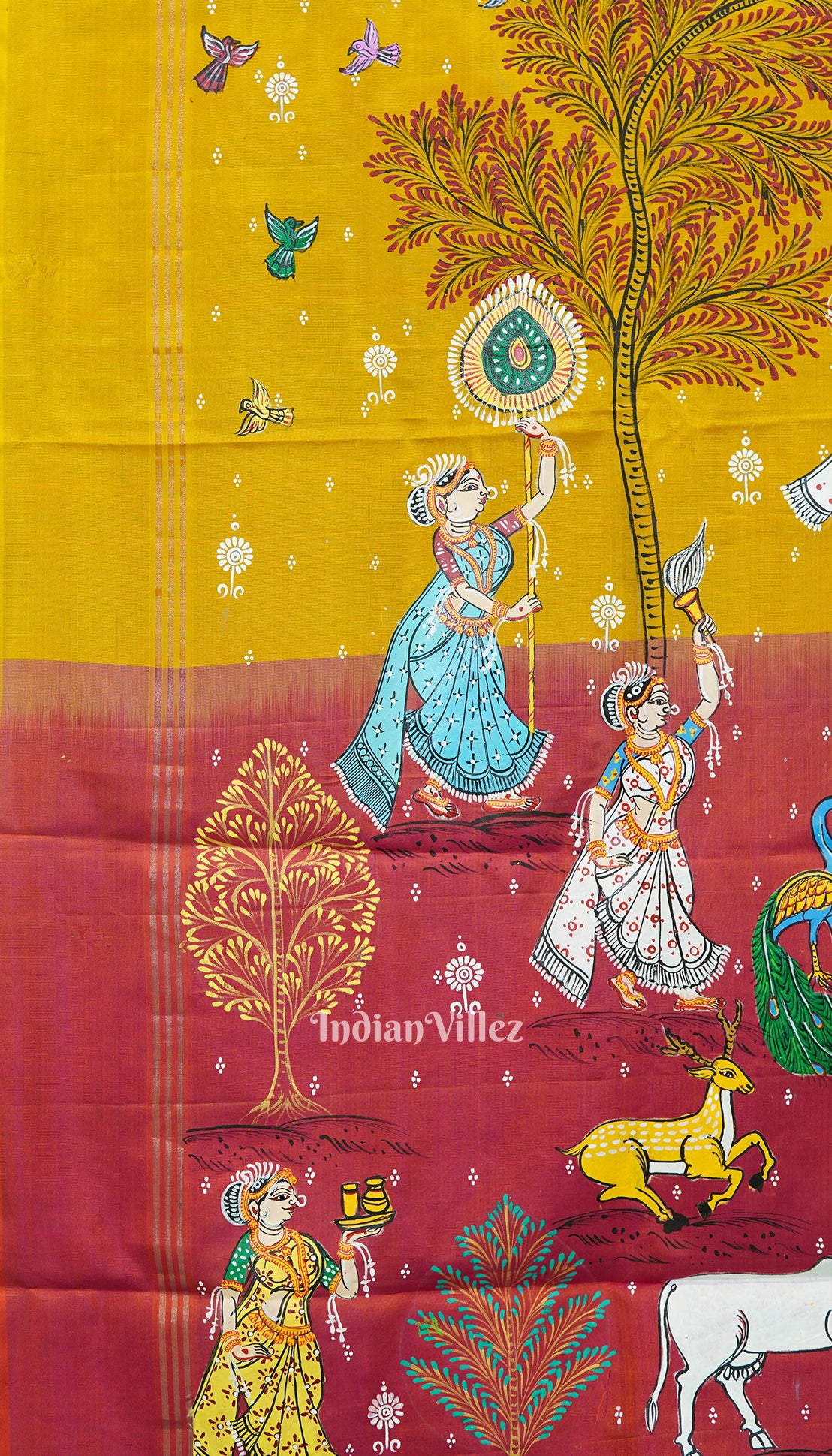 Golden Yellow Radha Krishna Village Theme Pattachitra Sare