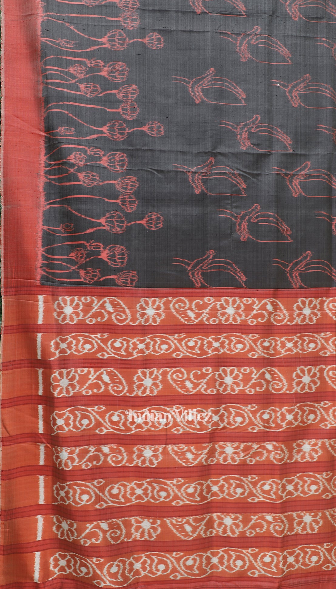 Ash Red Floral Theme Odisha Ikat Contemporary Silk Saree