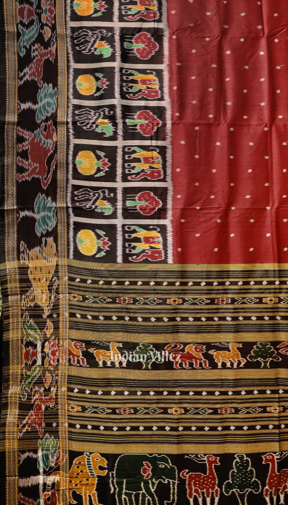 Red Black Nabakothi Odisha Ikat Khandua Silk Saree With Animal Theme