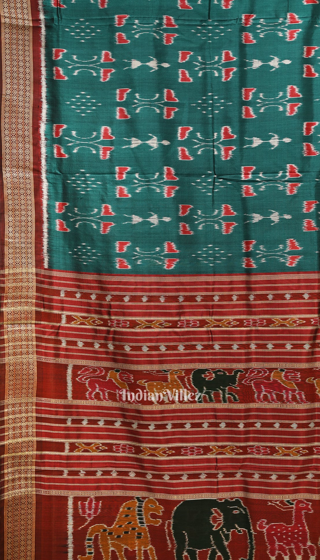 Peacock Green Tribal Theme Odisha Ikat Khandua Silk Saree