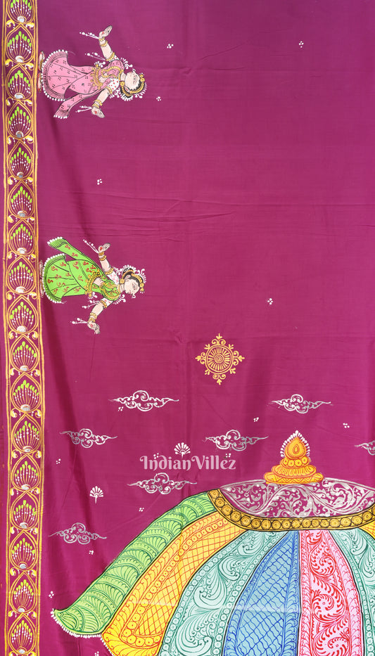 Maroon Ardha Chandra Krishna Rasa Leela Hand-Painted Pattachitra Saree