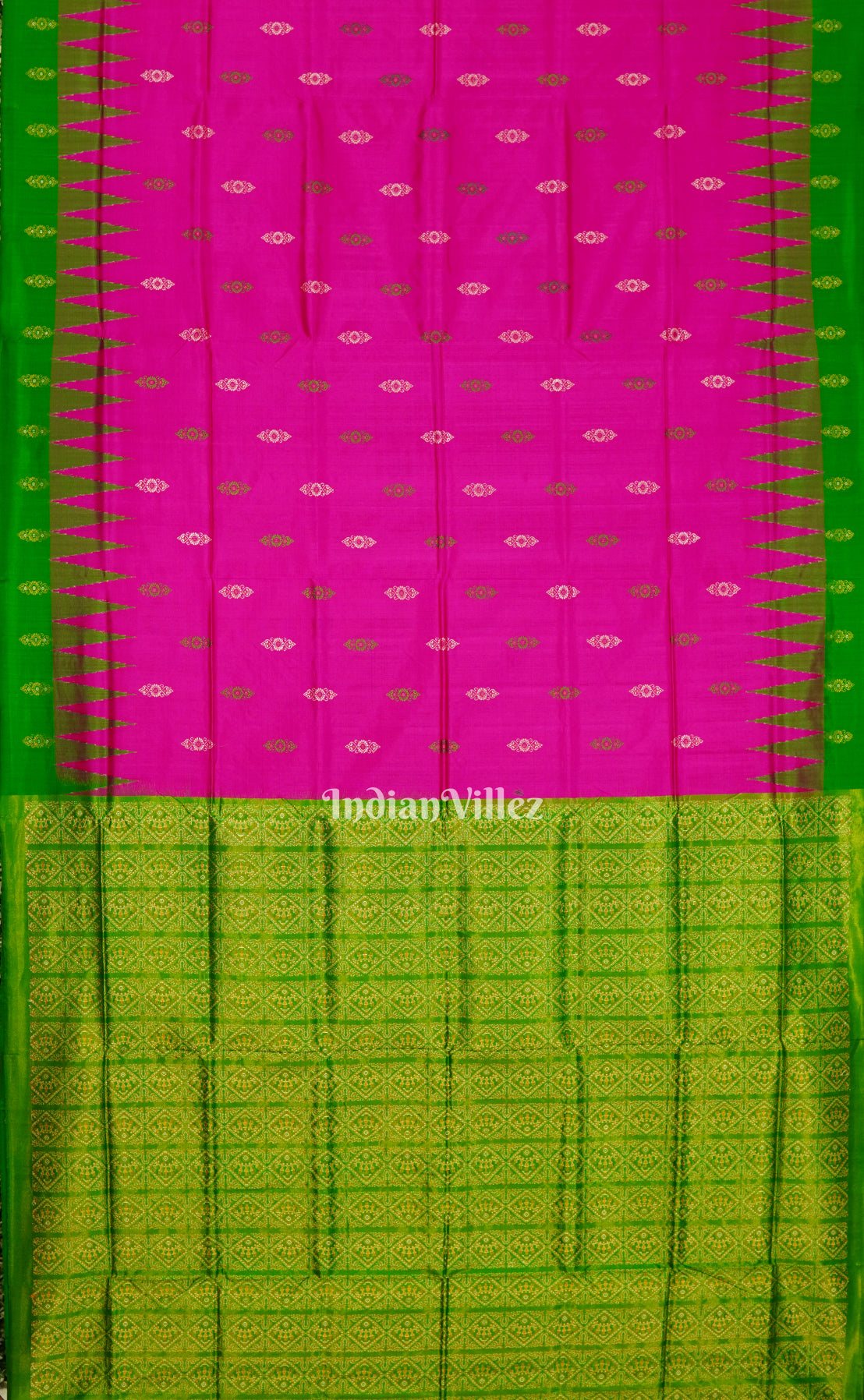 Rani Pink With Green Tribal Motif Ikat Bomkai Silk Saree