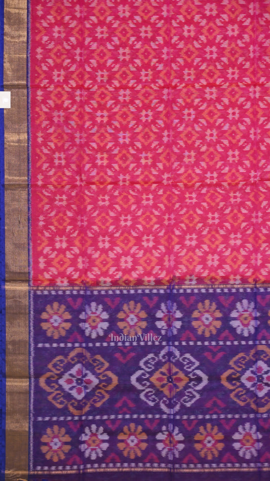 Rani Pink with Blue Pochampally Ikat  Sico (Silk & Cotton)  Saree with Zari Border