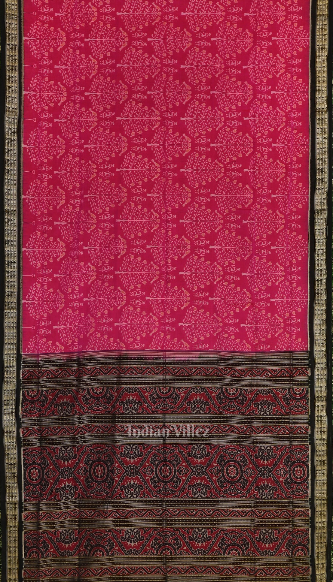 Rani Pink with Black Pure Sambalpuri Ikat Silk*Cotton (Bapta) Saree