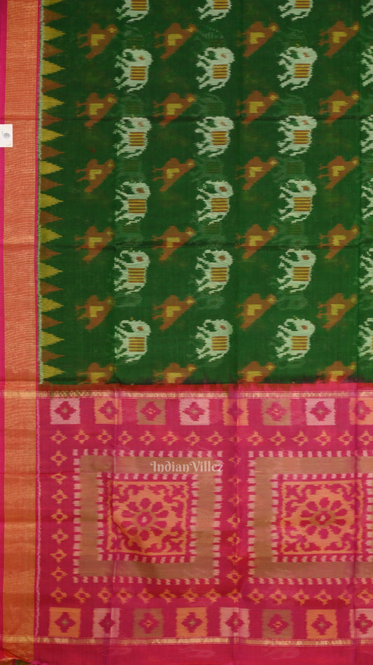 Green Pink Pochampally Ikat (Silk & Cotton) Sico Saree with Zari Border