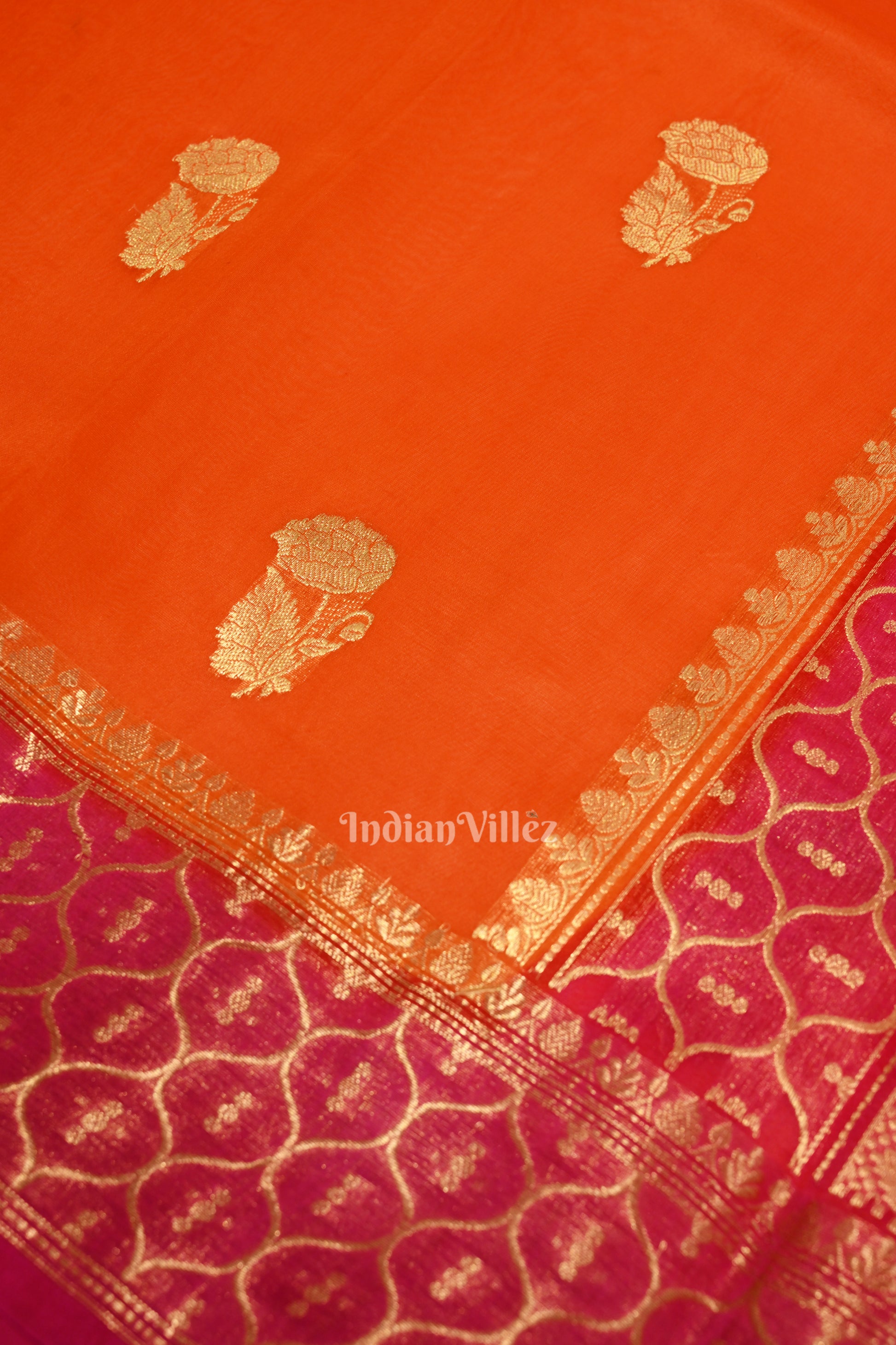 Orange with Rani Pink Kora Organza Banarasi  Saree