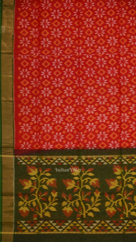 Red Green Pochampally Ikat Sico (Silk & Cotton) Saree with Zari Border