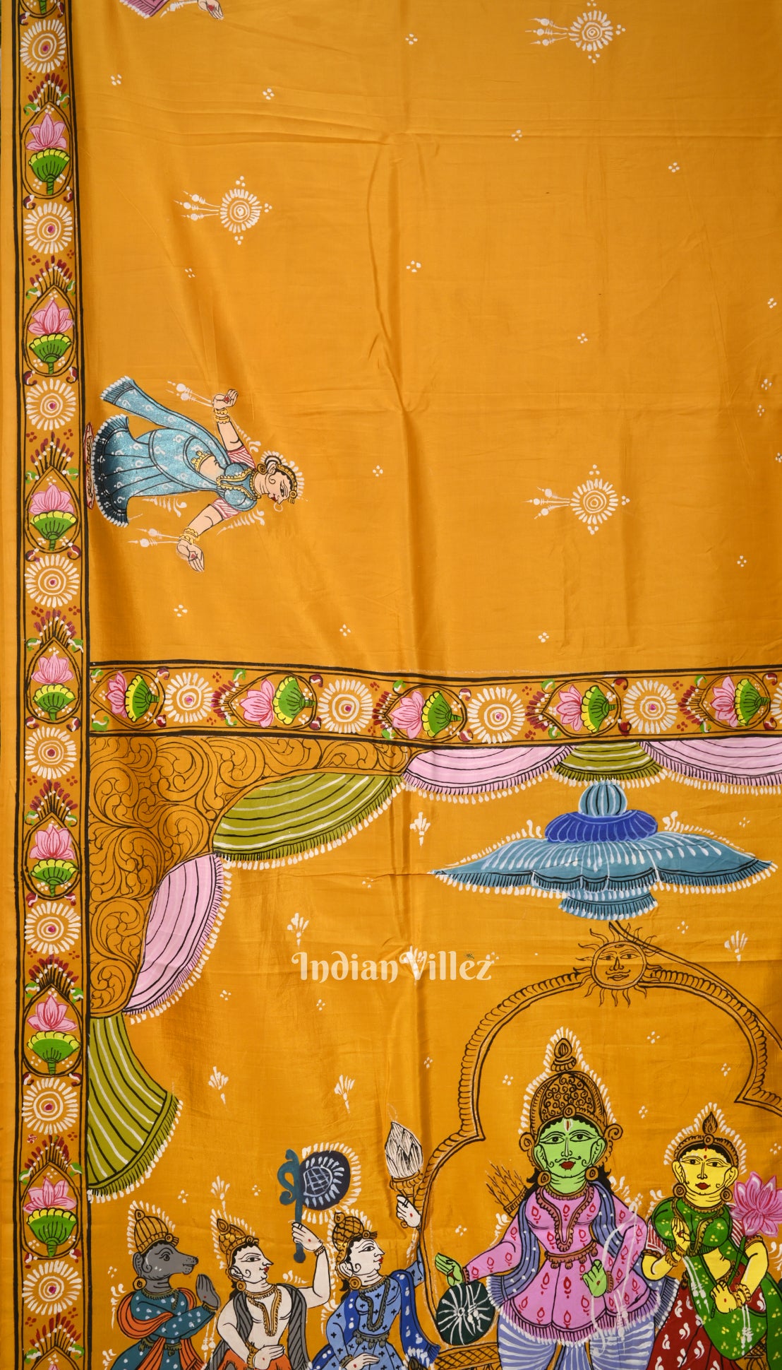 Yellow Ramayana Theme Hand-Painted Pattachitra Saree