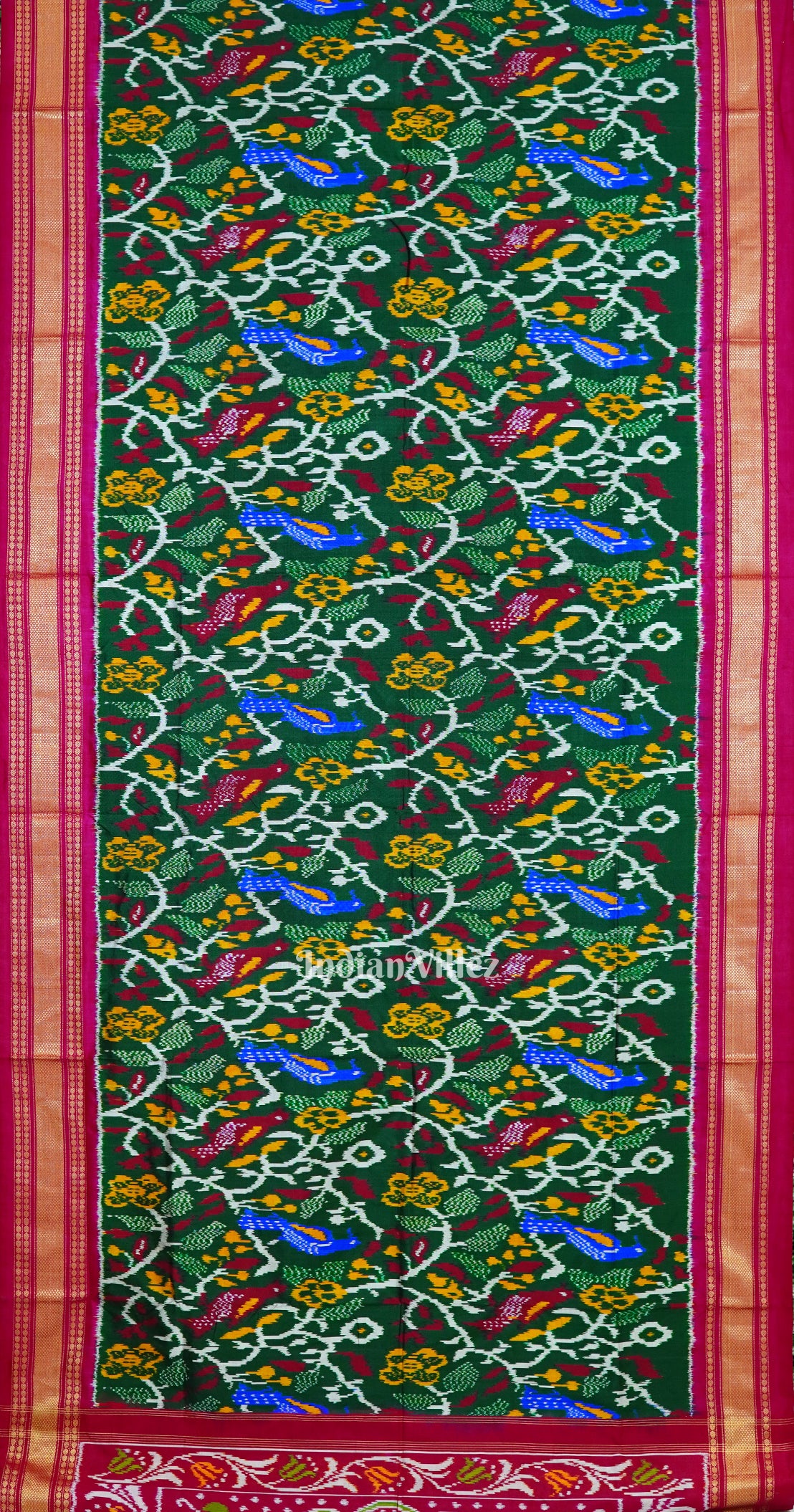 Green Floral With Bird Design Pochampally Ikat Handloom Silk Saree