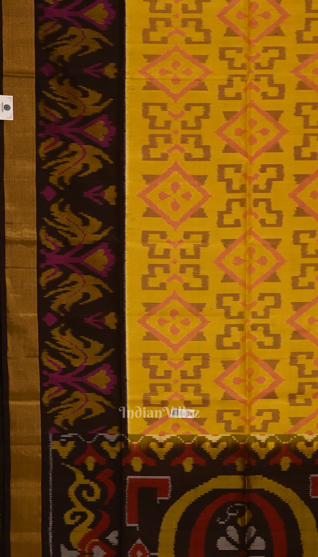 Yellow with Coffee Silk Handloom Pochampally Ikat Saree 