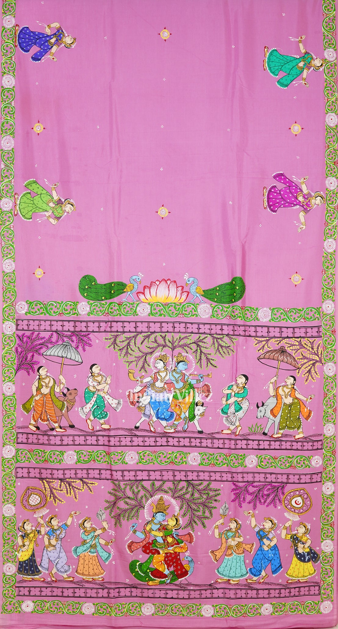 Pink Krishna Rasa Leela Theme Pattachitra Silk Saree