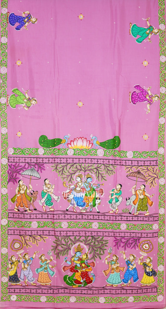 Pink Krishna Rasa Leela Theme Pattachitra Silk Saree