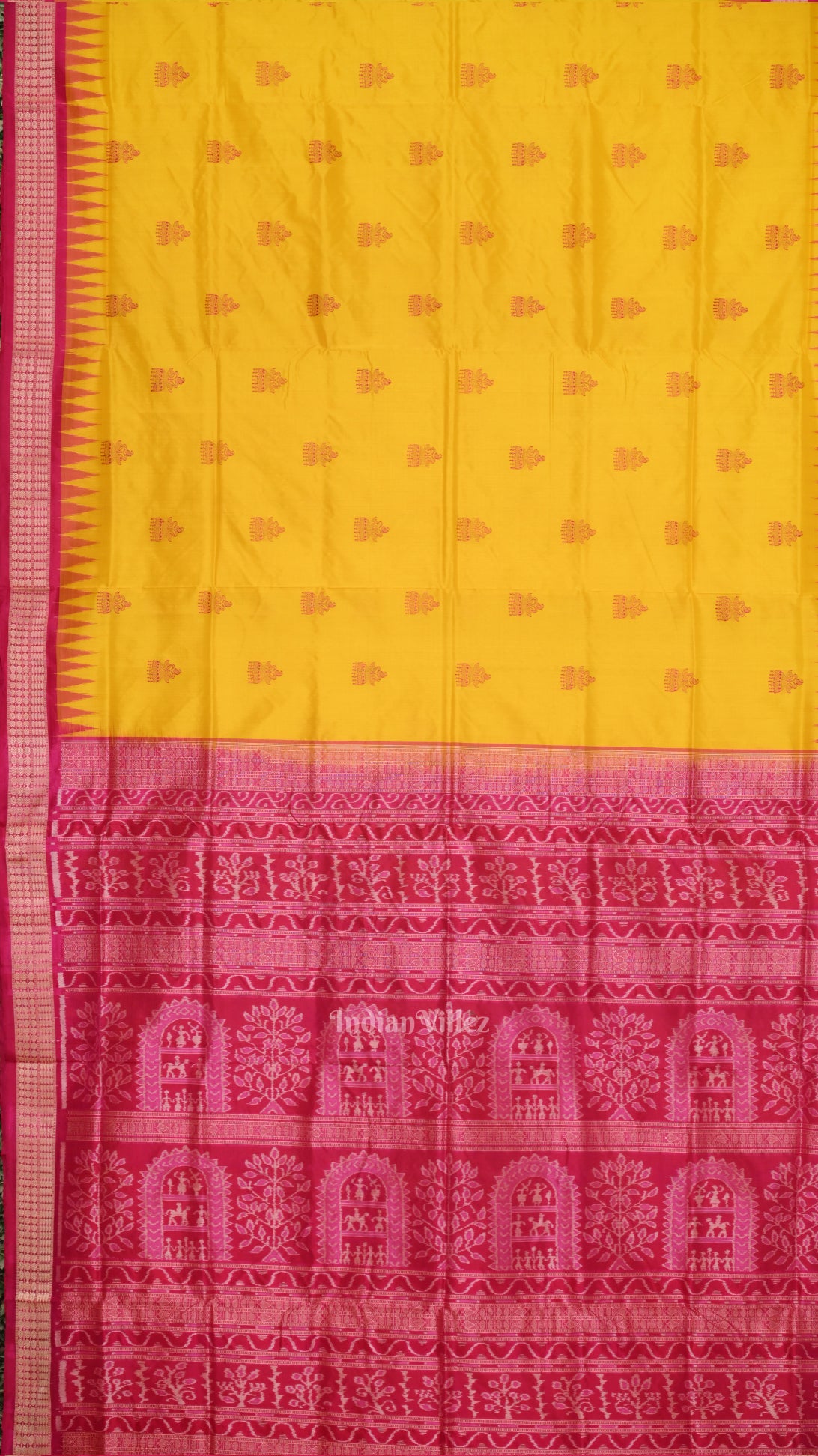 Dark Yellow with Rani Pink Bomkai  Sambalpuri Silk Saree 