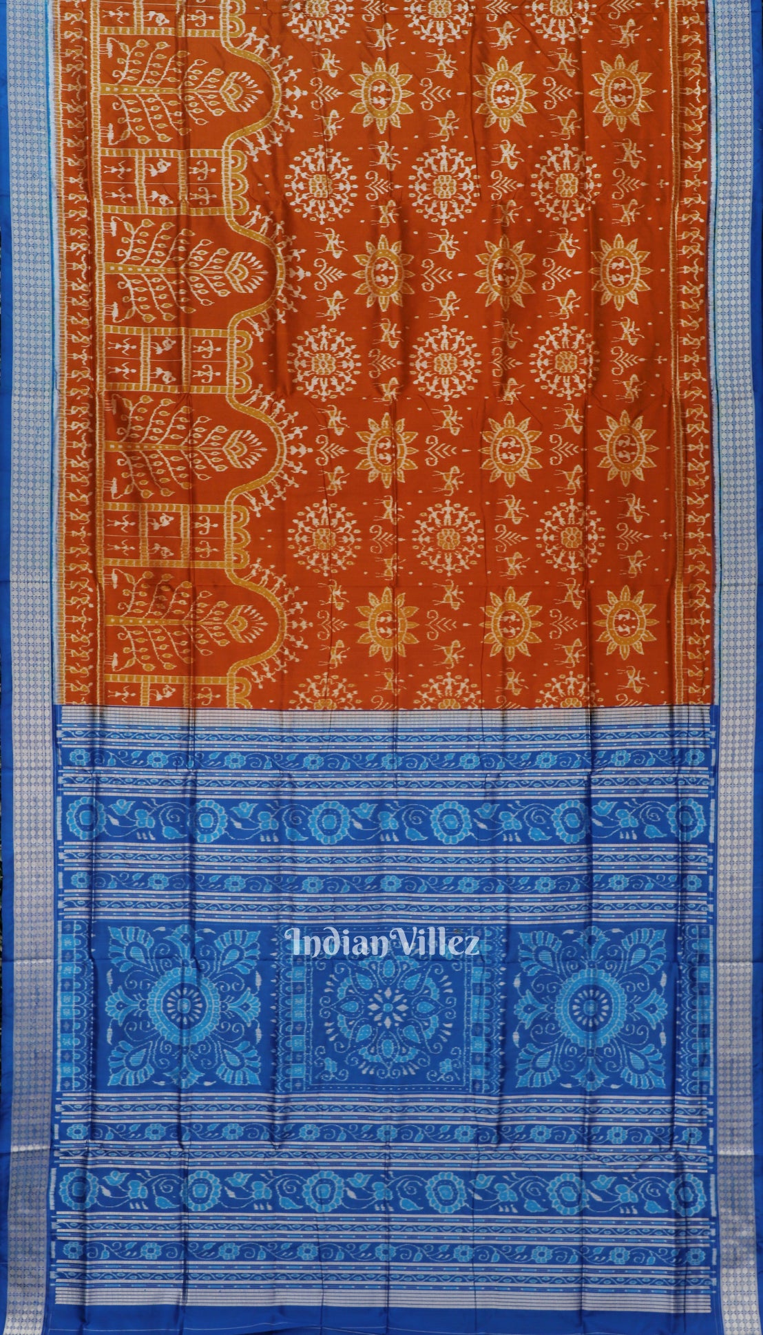 Orange Blue Tribal Theme Odisha Ikat Pure Sambalpuri Silk Saree