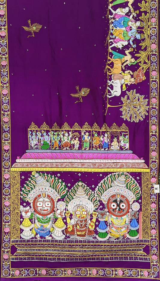 Purple Shree Jagannath Theme Pattachitra Silk Saree