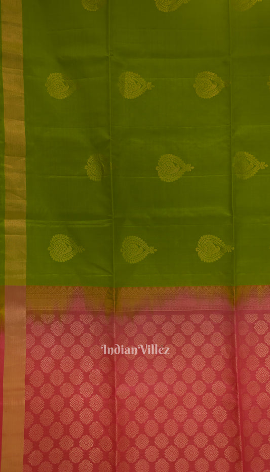 Parrot Green With Rani Pink Pure Kanjivaram Soft Silk Saree