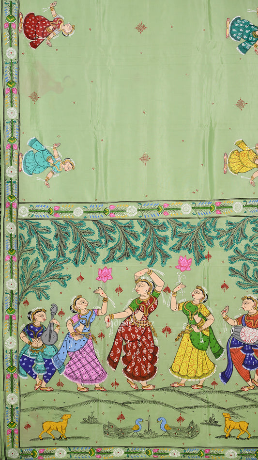 Pista Green Odishi Dancer Hand-Painted Pattachitra Saree