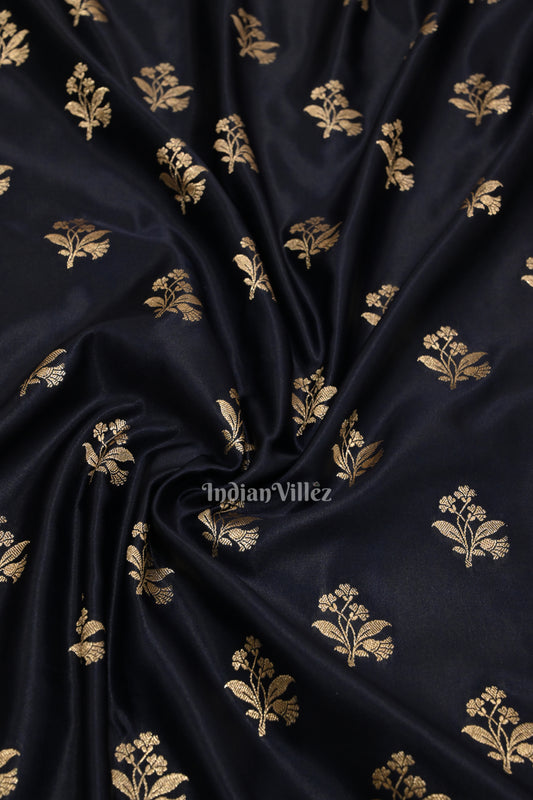 Navy Blue Flower Motif Mashru Satin Silk Banarasi Saree