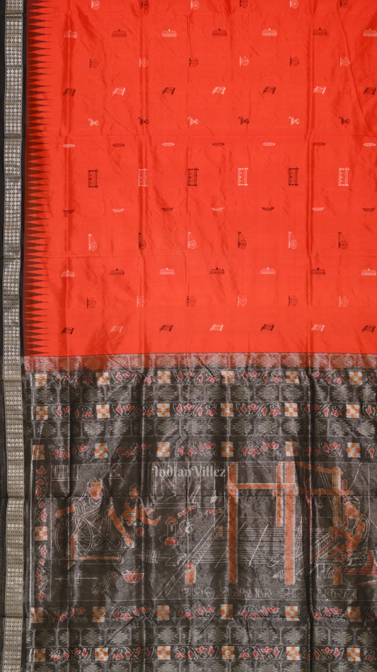 Orange Black Bomkai Sambalpuri Silk saree 