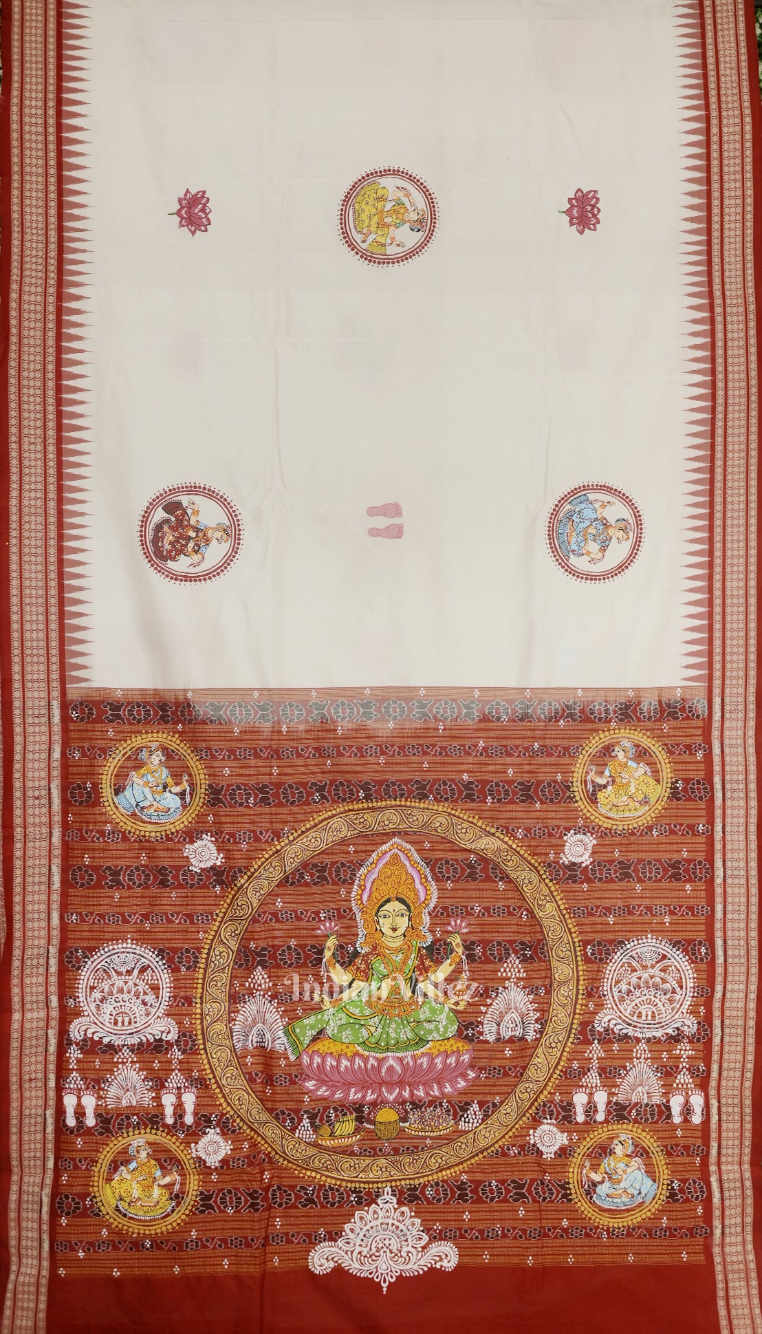 White Red Manabasa Maa Laxmi Sambalpuri Silk Pattachitra Saree