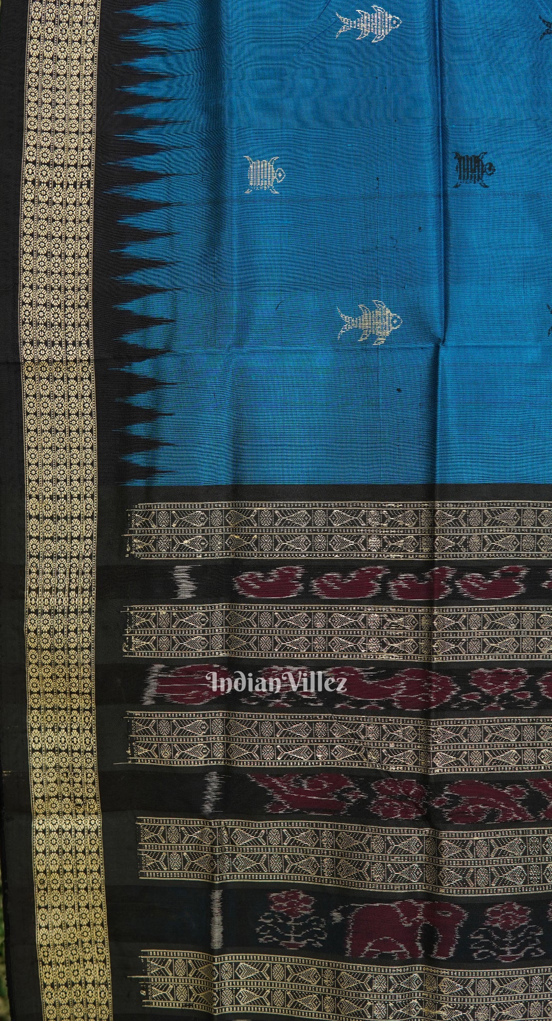 Sky Blue Fish Motif Bomkai Sambalpuri Silk Saree