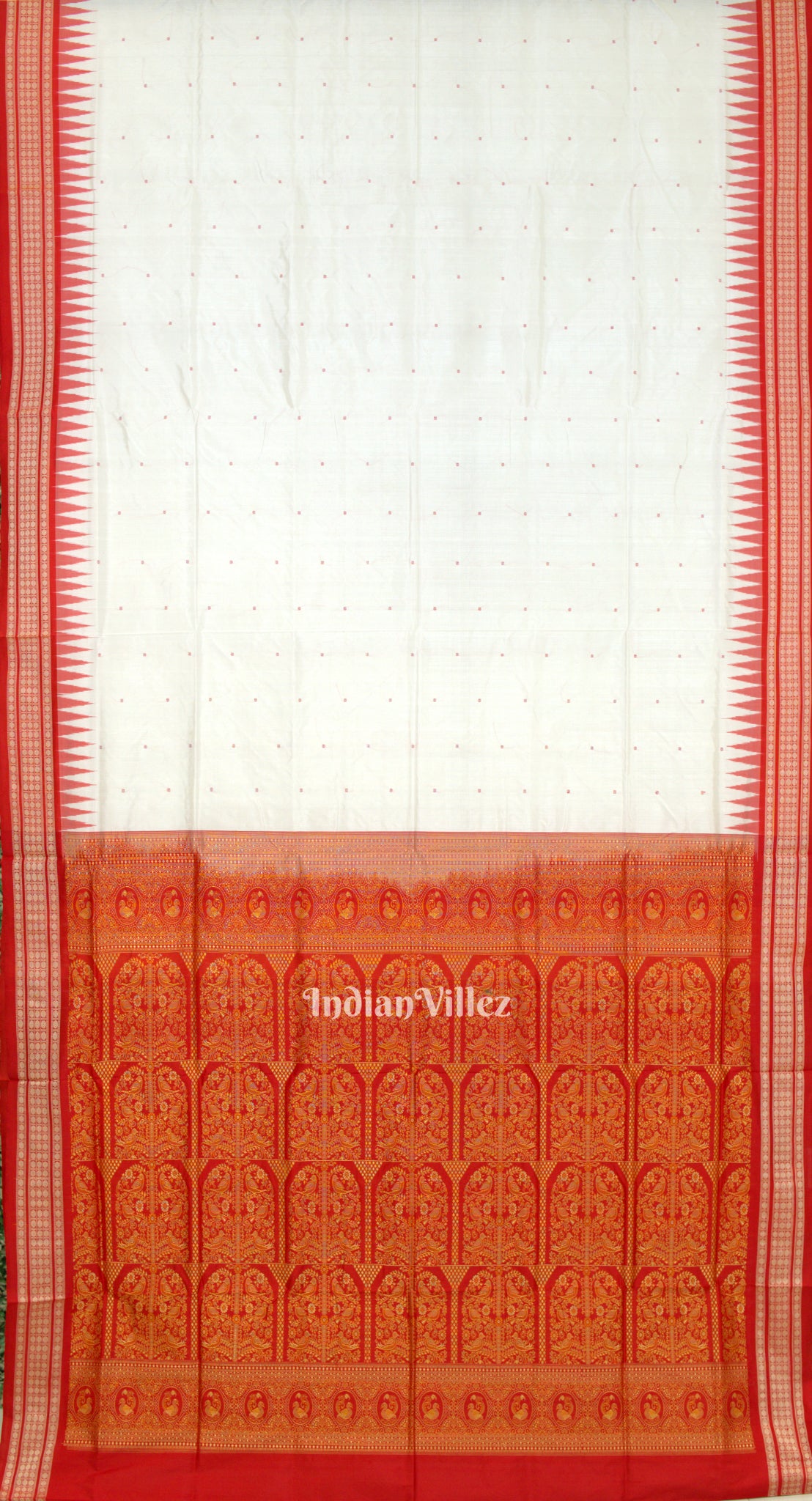 White Red Butta Design Bomkai Sambalpuri Silk Saree