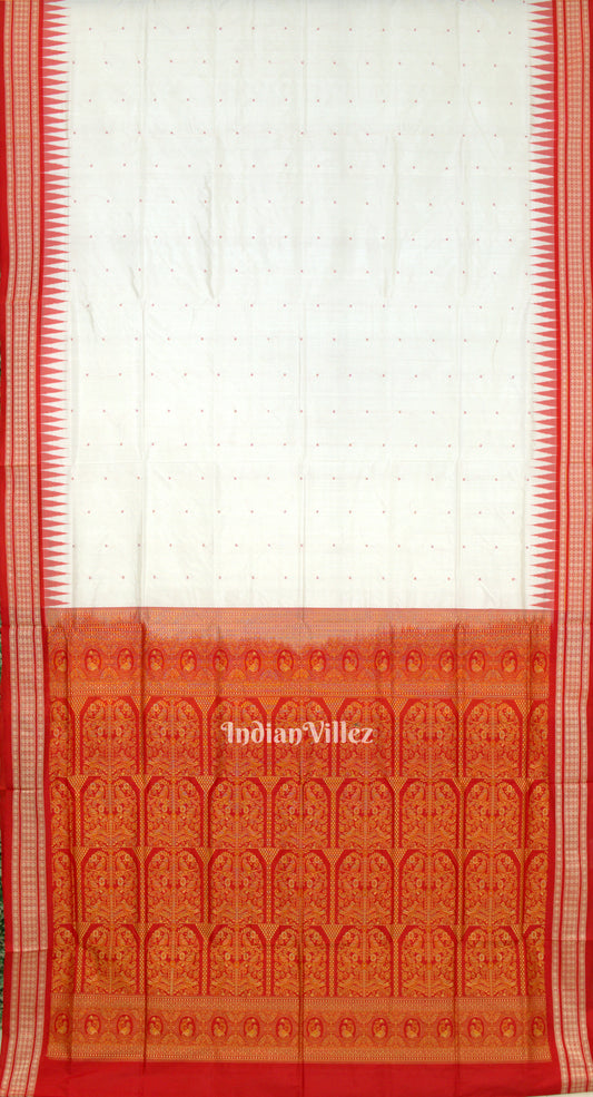 White Red Butta Design Bomkai Sambalpuri Silk Saree