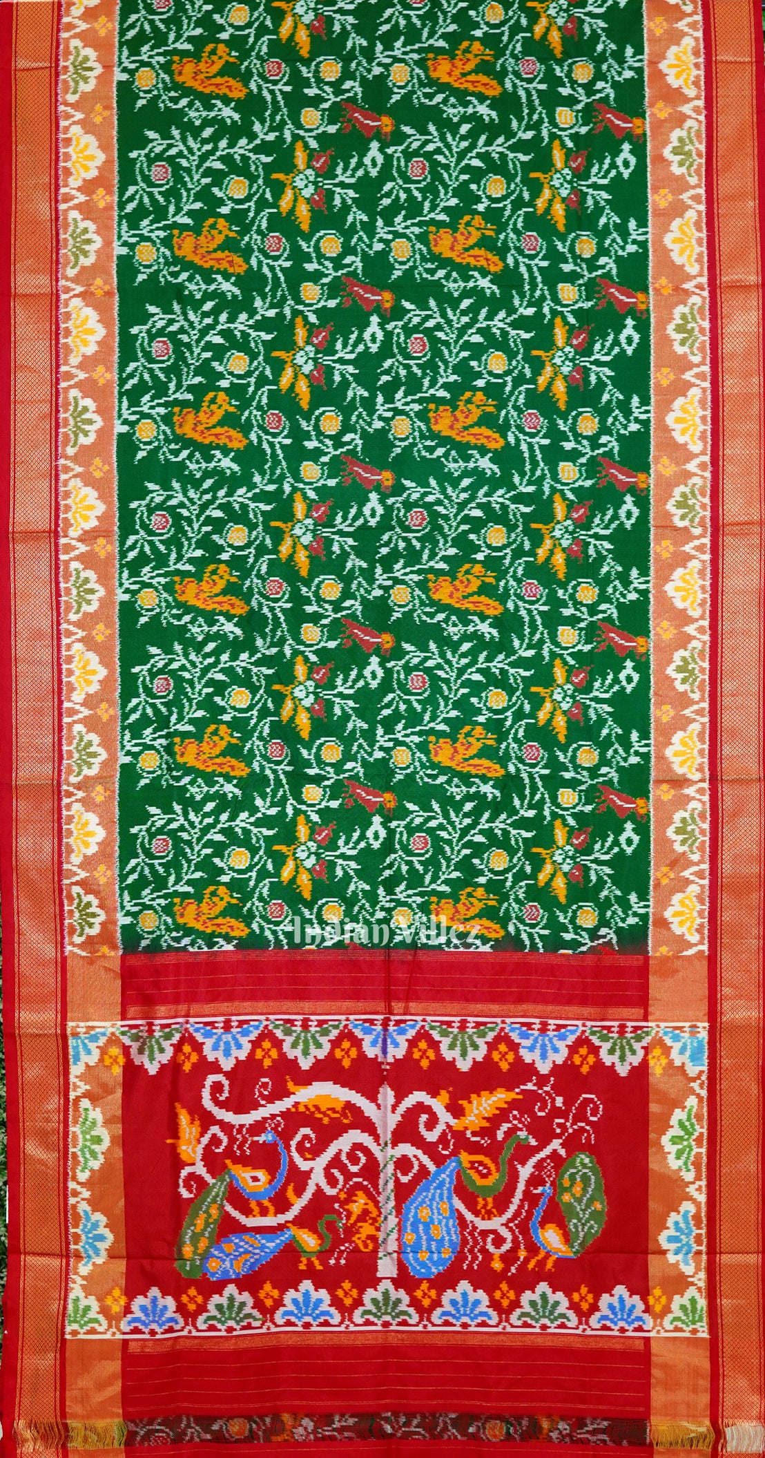 Red Green Nature Design Pochampally Ikat Silk Saree