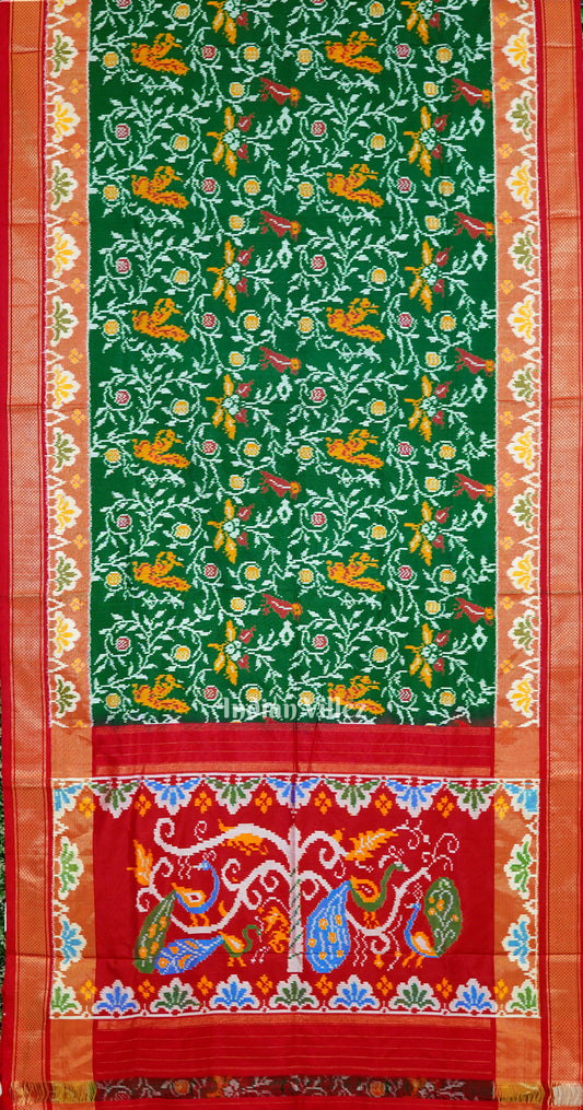 Red Green Nature Design Pochampally Ikat Silk Saree