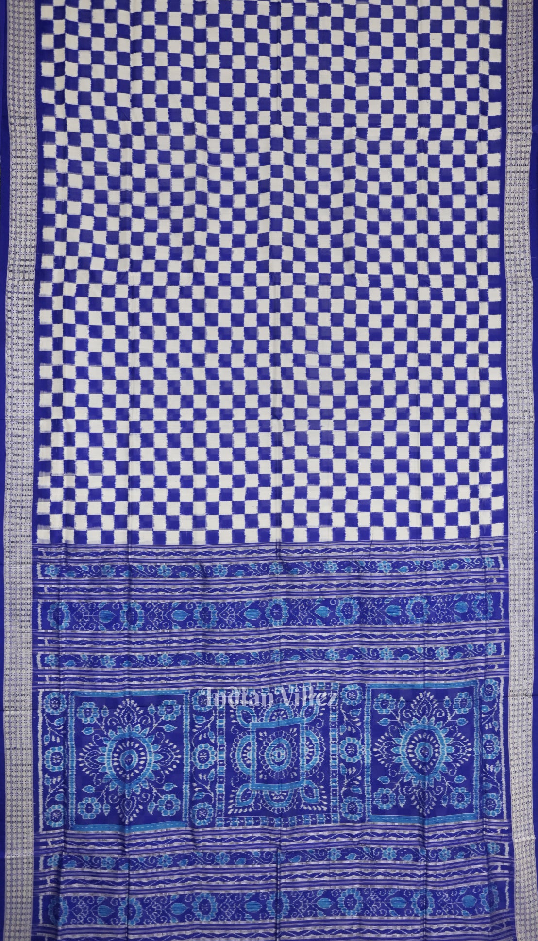 Blue Grey Odisha Ikat Square Motif Sambalpuri Silk Saree