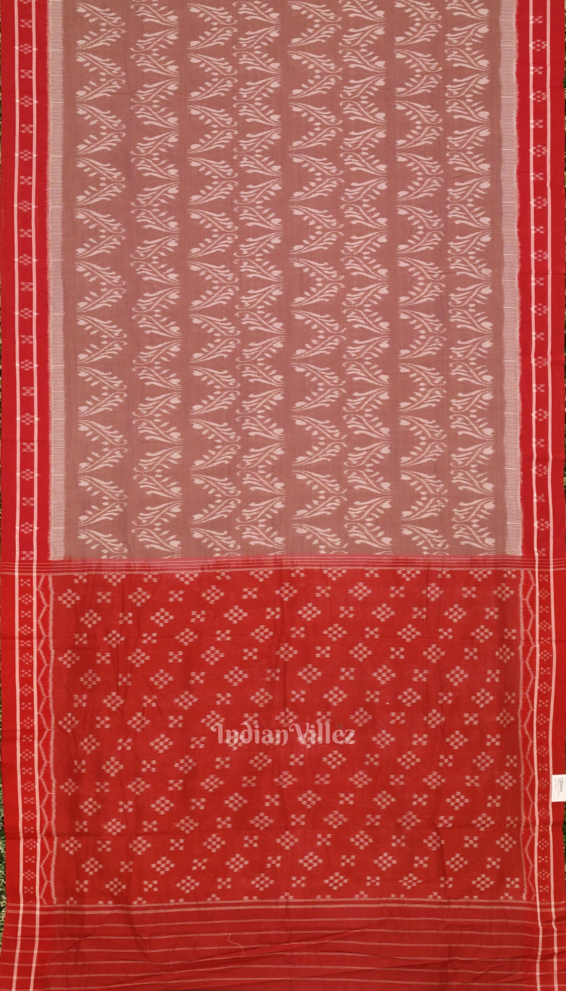 Chocolate  With Red Floral Theme Odisha Ikat Sambalpuri Pure Cotton Saree