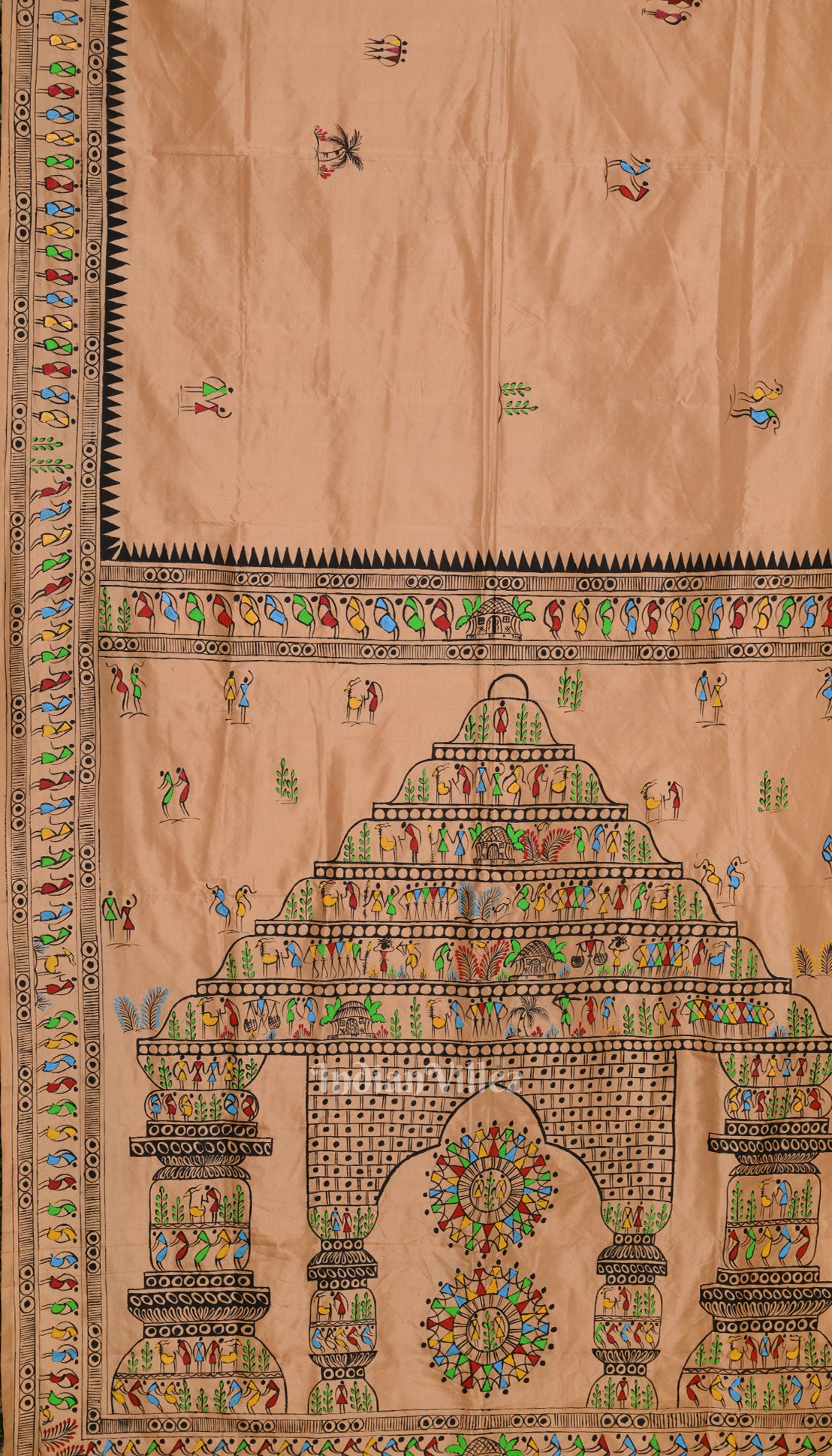 Beige Konark Temple Theme Pattachitra Silk Saree 