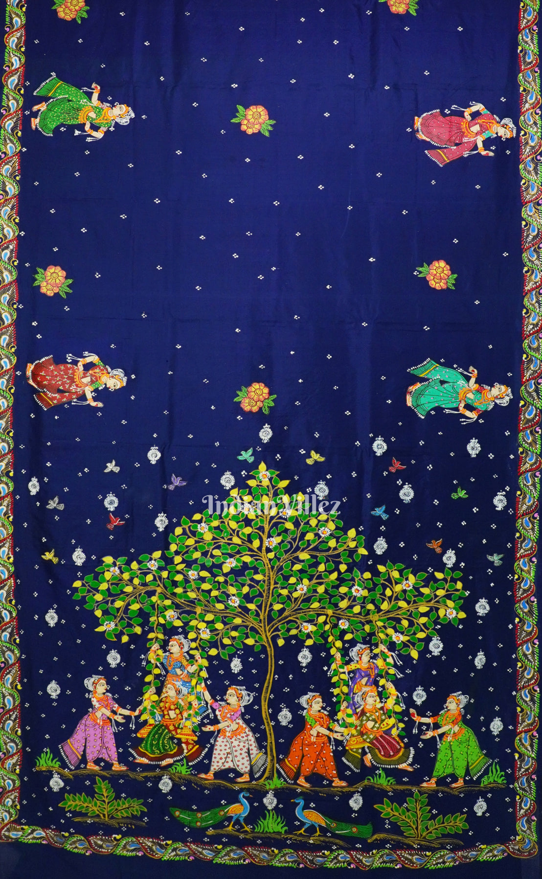 Blue With Green Raja Theme Pattachitra Silk Saree