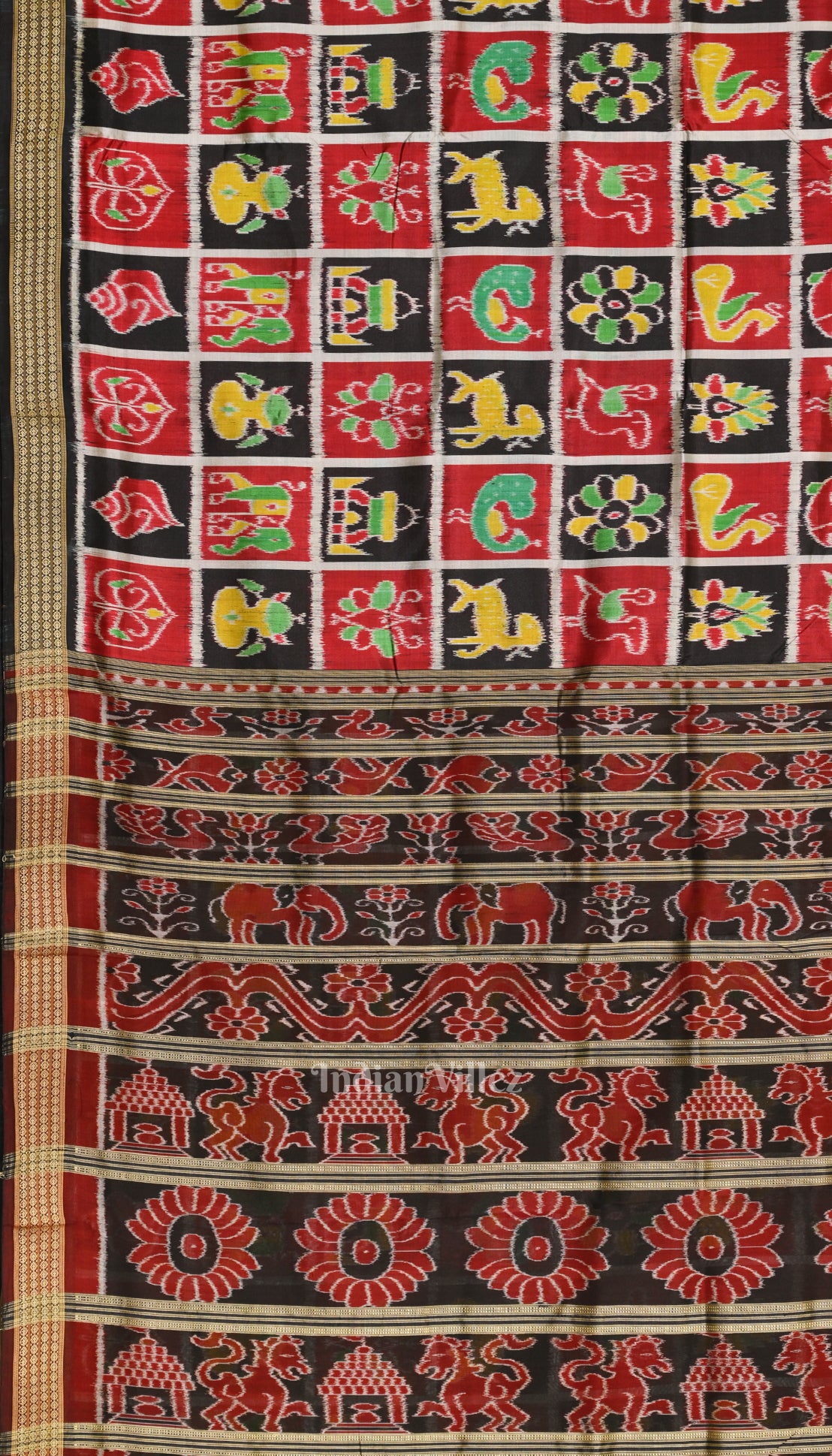 Black Red Nabakothi Odisha Ikat Sambalpuri Silk Saree with Rudraksha Border