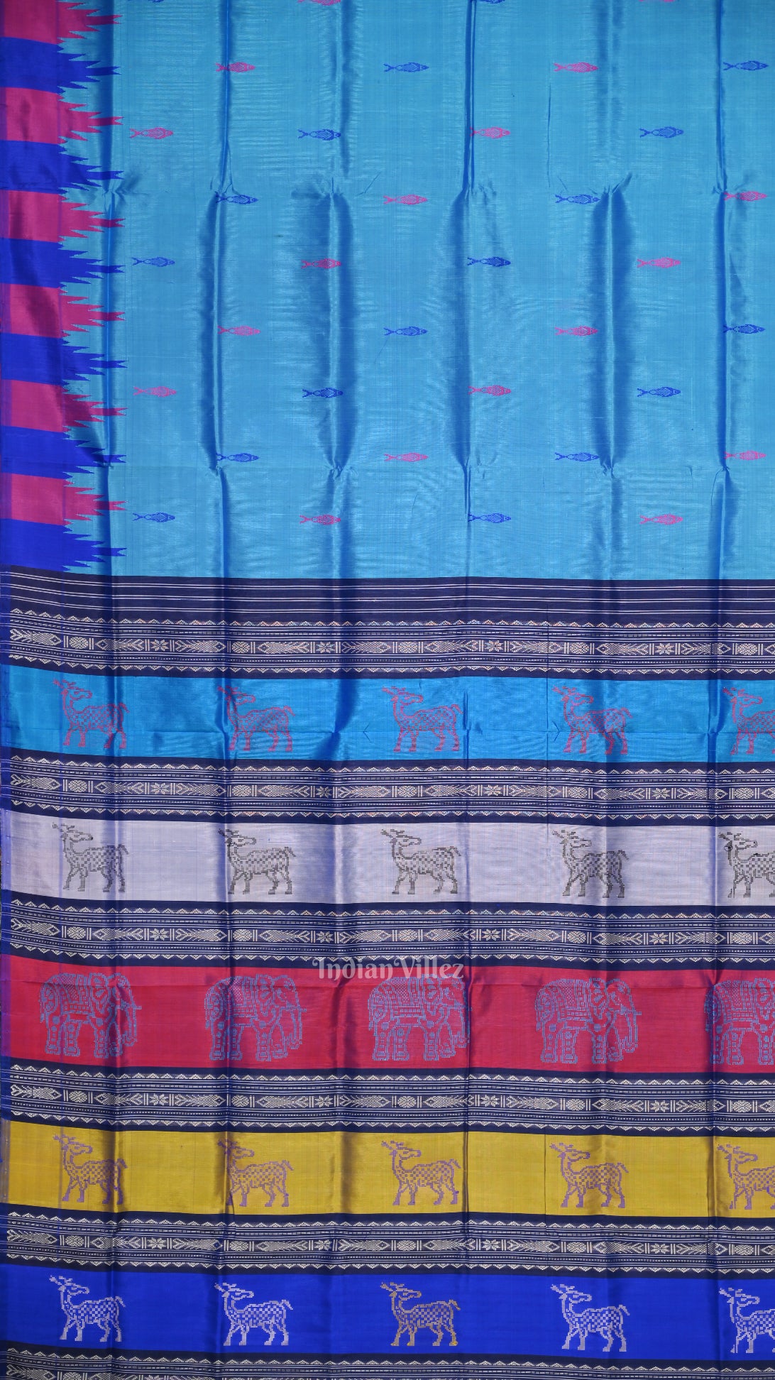 Sky Blue with Fish Motif Double Pallu Berhampuri Silk Saree