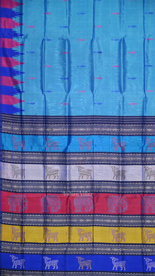 Sky Blue with Fish Motif Double Pallu Berhampuri Silk Saree