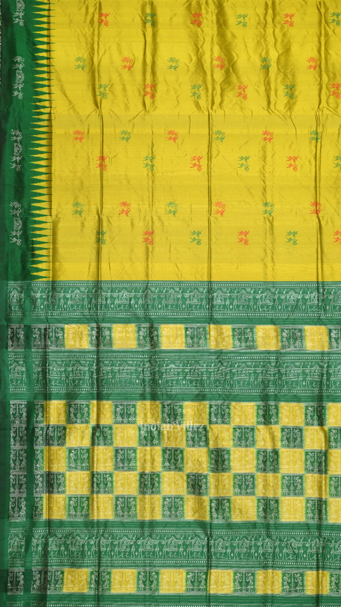 Yellow Green Tribal Theme Bomkai Sambalpuri Silk saree