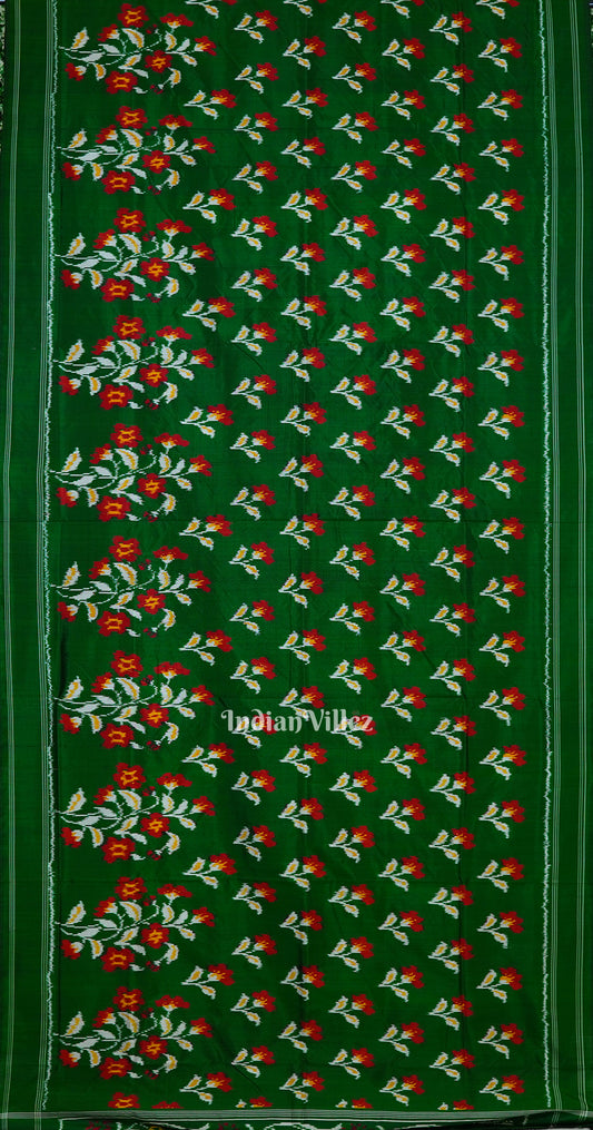 Green White Floral Design Pochampally Ikat Handloom Silk Saree