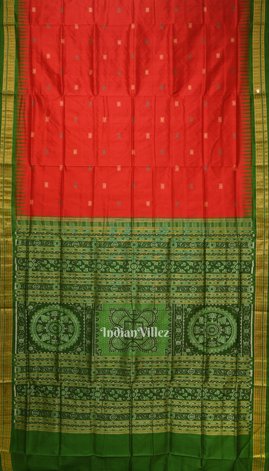 Red Green Bomkai With Tissue Border Odisha Ikat Silk Saree