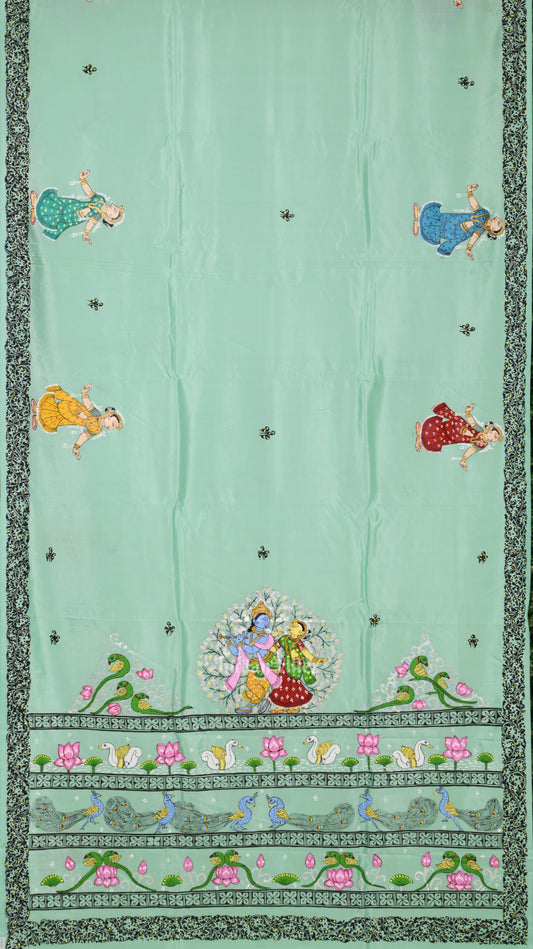 Light Blue Radha Krishna Theme Hand-Painted Pattachitra Saree 