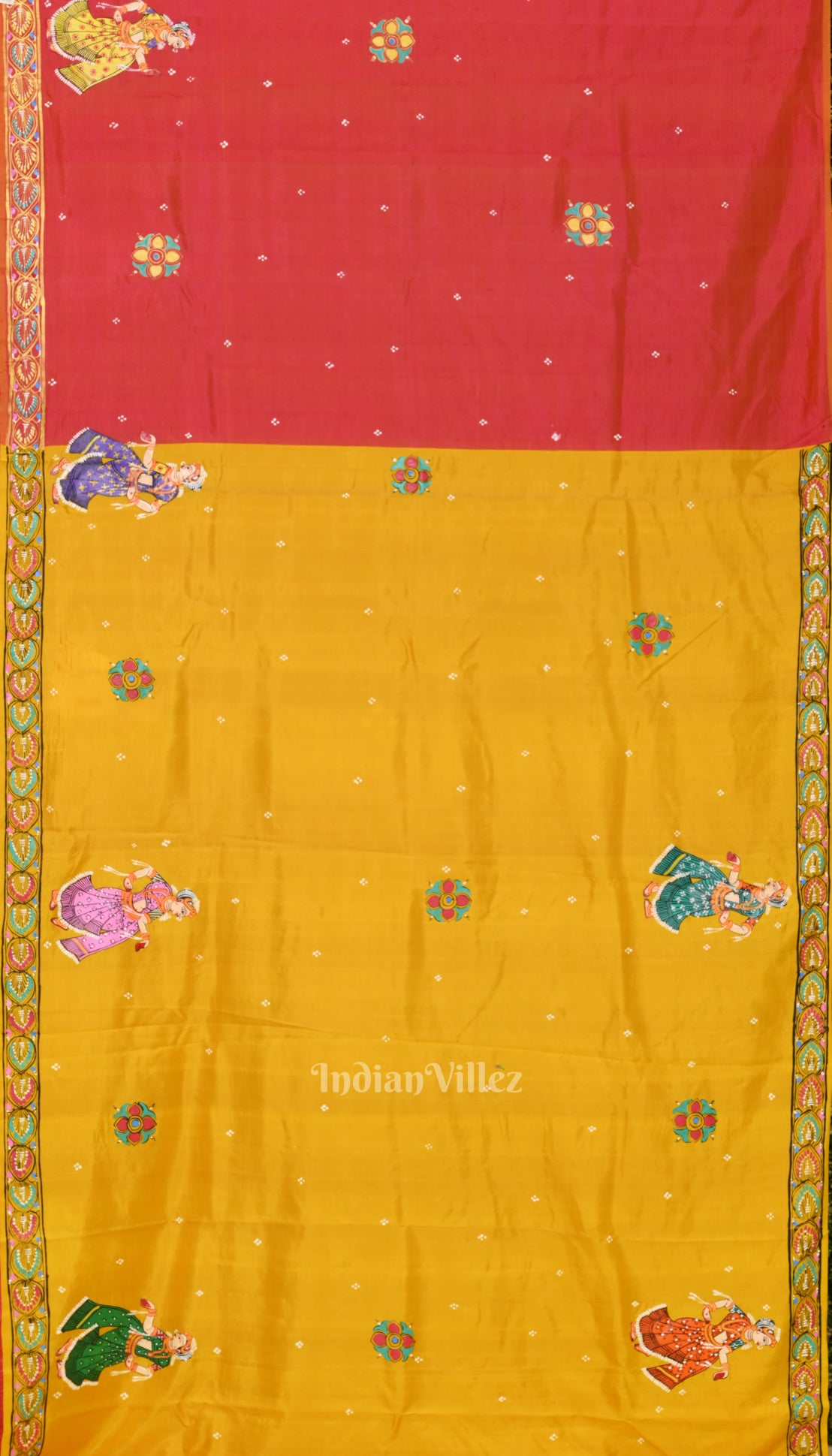 Yellow Radha Krishna Theme Hand-Painted Pattachitra Saree