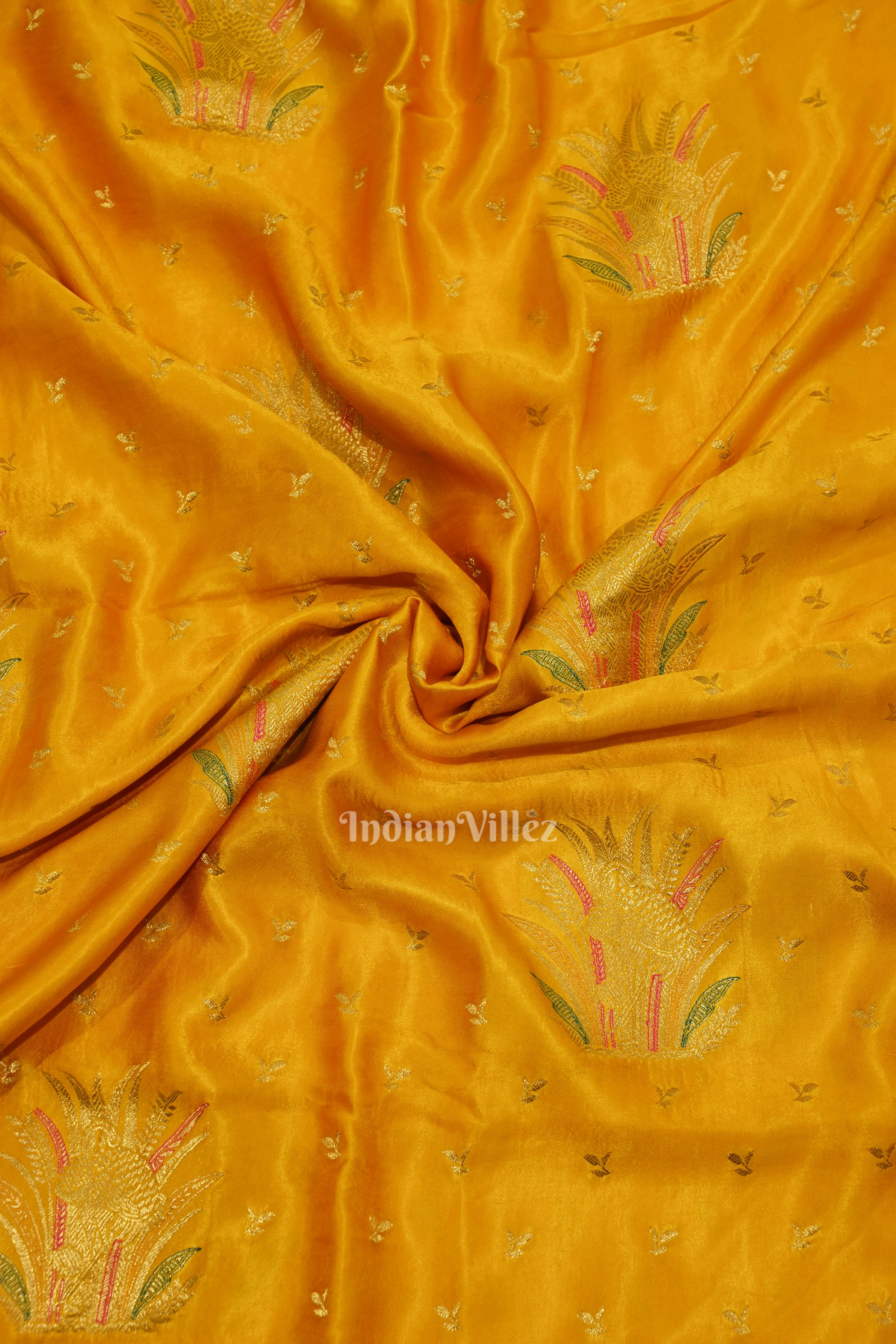 Authentic Mustard Yellow with Golden Broder Mashru Satin Silk Banarasi Saree